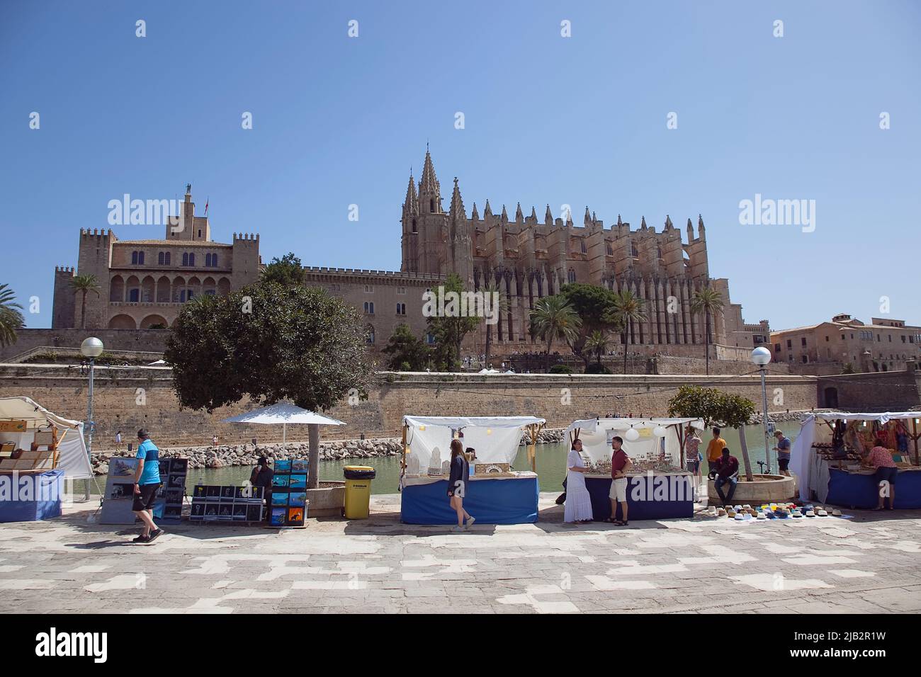 Spain, Balearic Islands, Majorca, Palma de Mallorca, Royal Palace of La Almudaina and La Seu Gothic Roman Catholic Cathedral of Santa Maria with marke Stock Photo