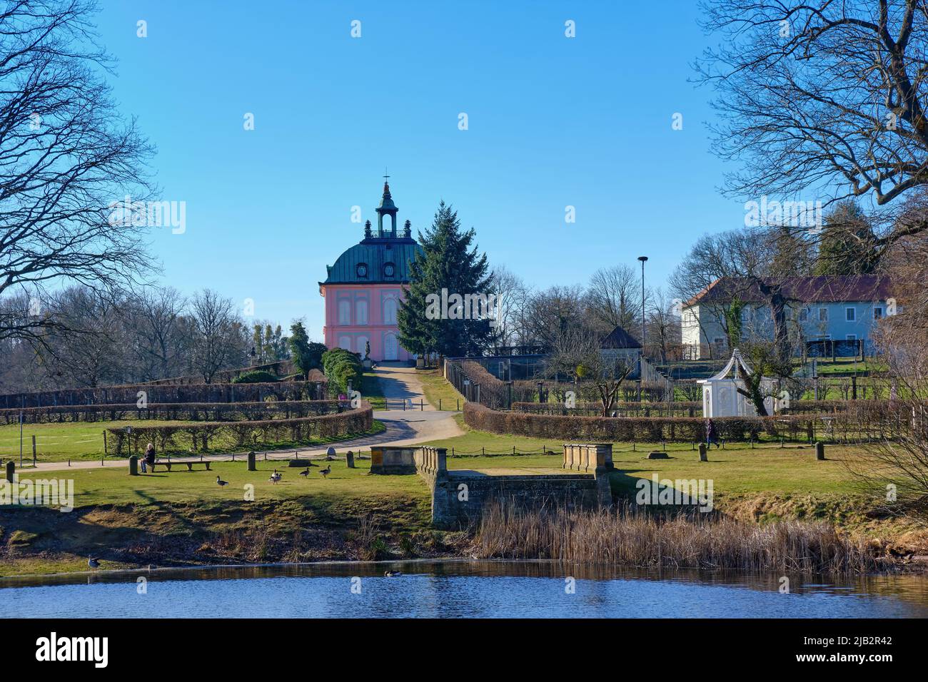 Moritzburg outside Dresden, Saxony, Germany - March 1, 2022: Pheasant Palace and Pheasantry at the Moritzburg Great Pond. Stock Photo