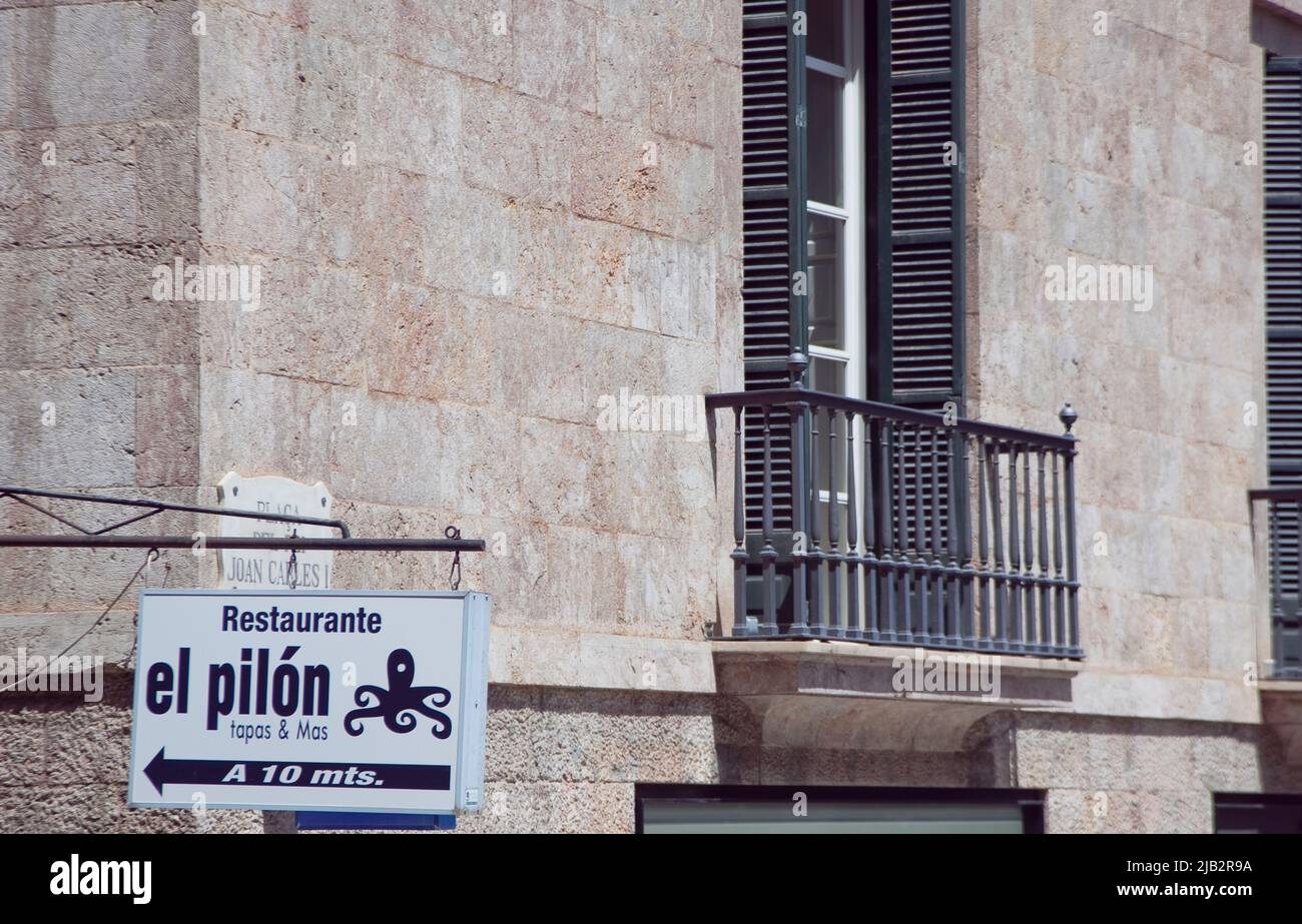 Spain, Balearic Islands, Majorca, Palma de Mallorca, Restaurant sign in the old town. Stock Photo