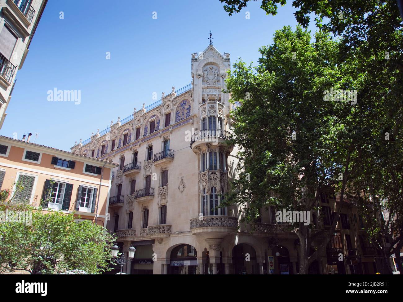 Spain, Balearic Islands, Majorca, Palma de Mallorca, Exterior of the former Gran Hotel designed by Lluís Domènech i Montaner, now a cultural centre Fu Stock Photo