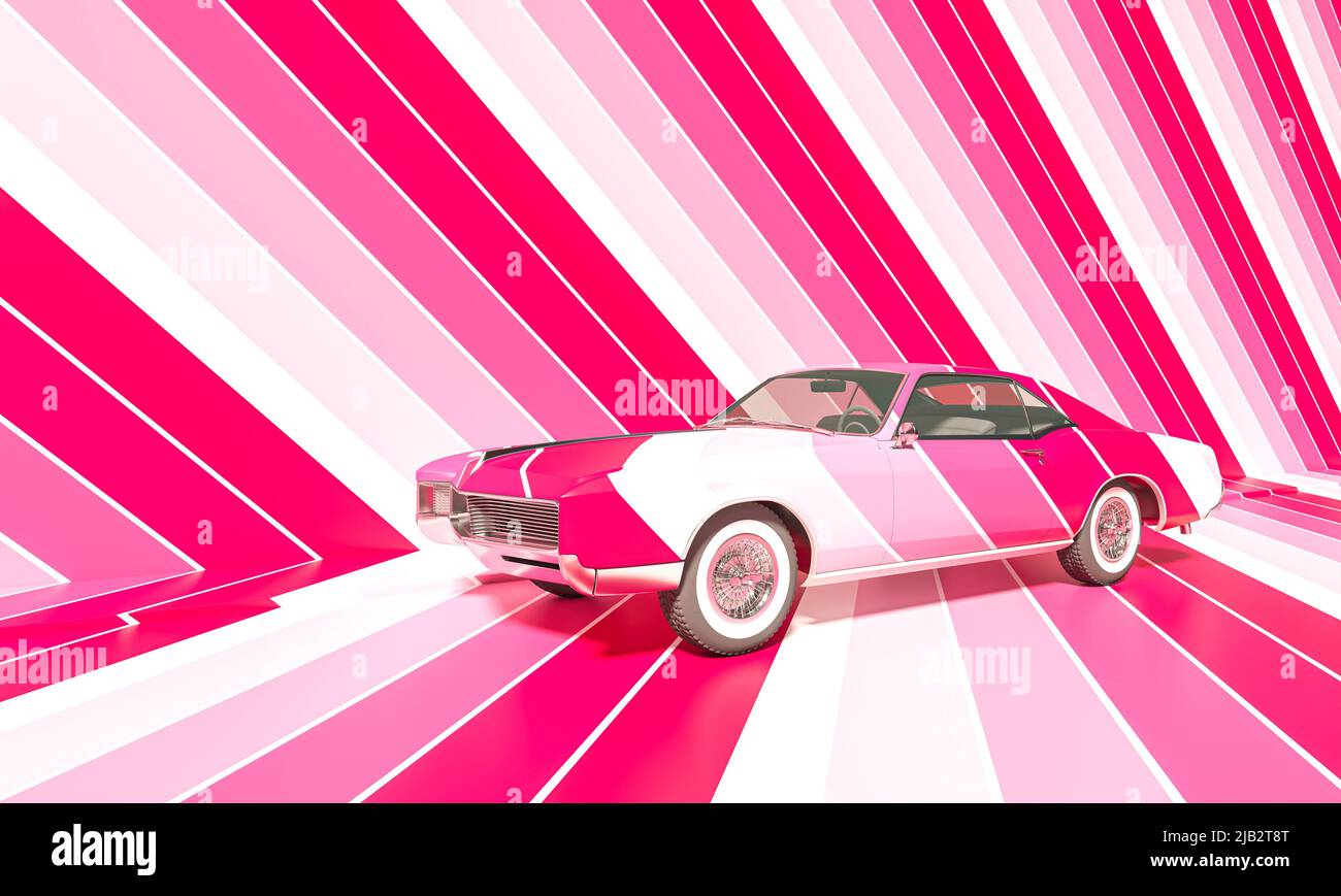 vintage car and background with red and pink colored stripes. 3d render Stock Photo