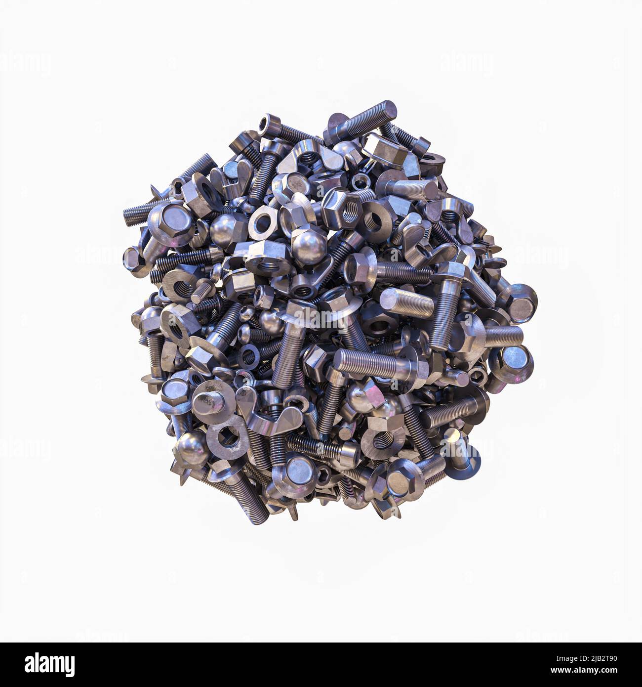 agglomeration of bolts, nuts and small mechanical parts on a white background. 3d render Stock Photo