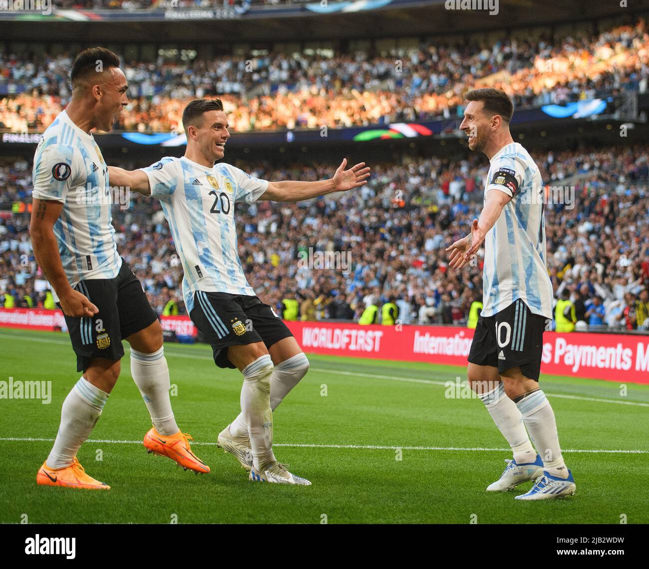 London, UK. 01 Jun 2022 - Italy v Argentina - Finalissima 2022 - Wembley Stadium  Lionel Messi celebrates the first goal with Lo Celso and Martinez during the match against Italy at Wembley Stadium. Picture Credit : © Mark Pain / Alamy Live News Stock Photo