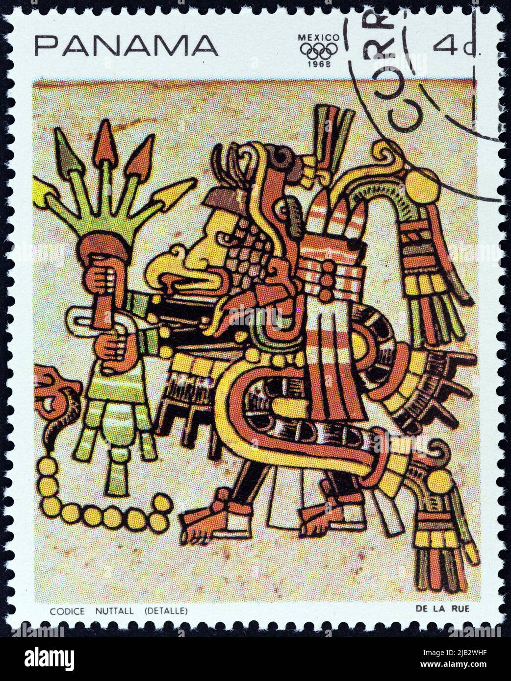 PANAMA - CIRCA 1968: A stamp printed in Panama from the '1968 Summer Olympics, Mexico City' issue shows Detail from the 'Codex Nutall', circa 1968. Stock Photo