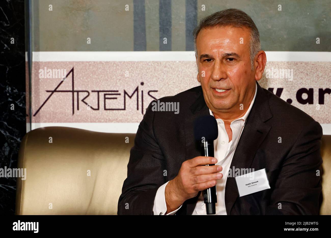 Owner Hakki Simsek attends a news conference at his brothel, Artemis on International Sex Worker's Day in Berlin, Germany, June 2, 2022. REUTERS/Hannibal Hanschke Stock Photo
