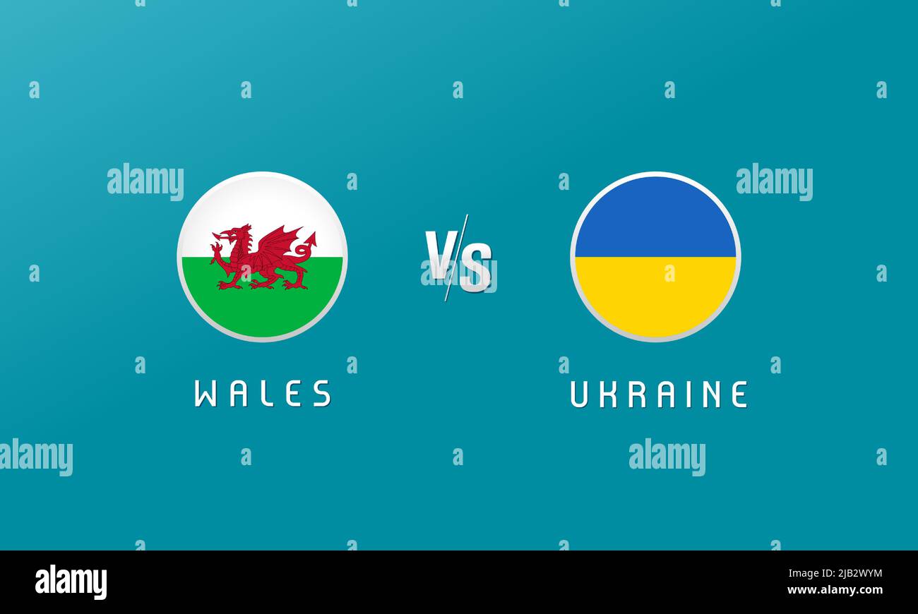 Wales vs Ukraine, flag round emblem. Europe national team soccer on blue background. Welsh and Ukrainian national flag icons, vector illustration Stock Vector