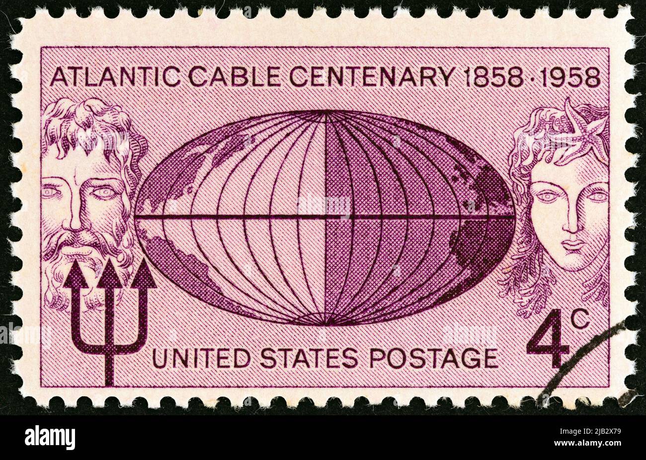 USA - CIRCA 1958: A stamp printed in USA issued for the centenary of inauguration of Atlantic Cable shows Globe, Neptune and Mermaid, circa 1958. Stock Photo