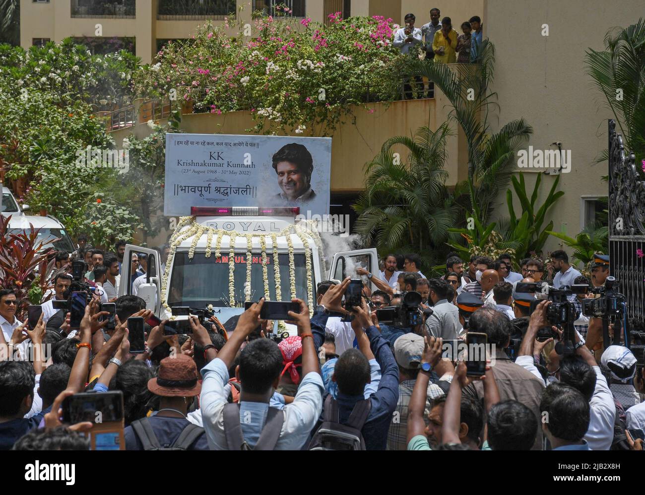 Ambulance carrying the body of Bollywood playback singer Krishnakumar  Kunnath, popularly known as KK, leaves his residence for the funeral in  Mumbai. The singer died at the age of 53 due to