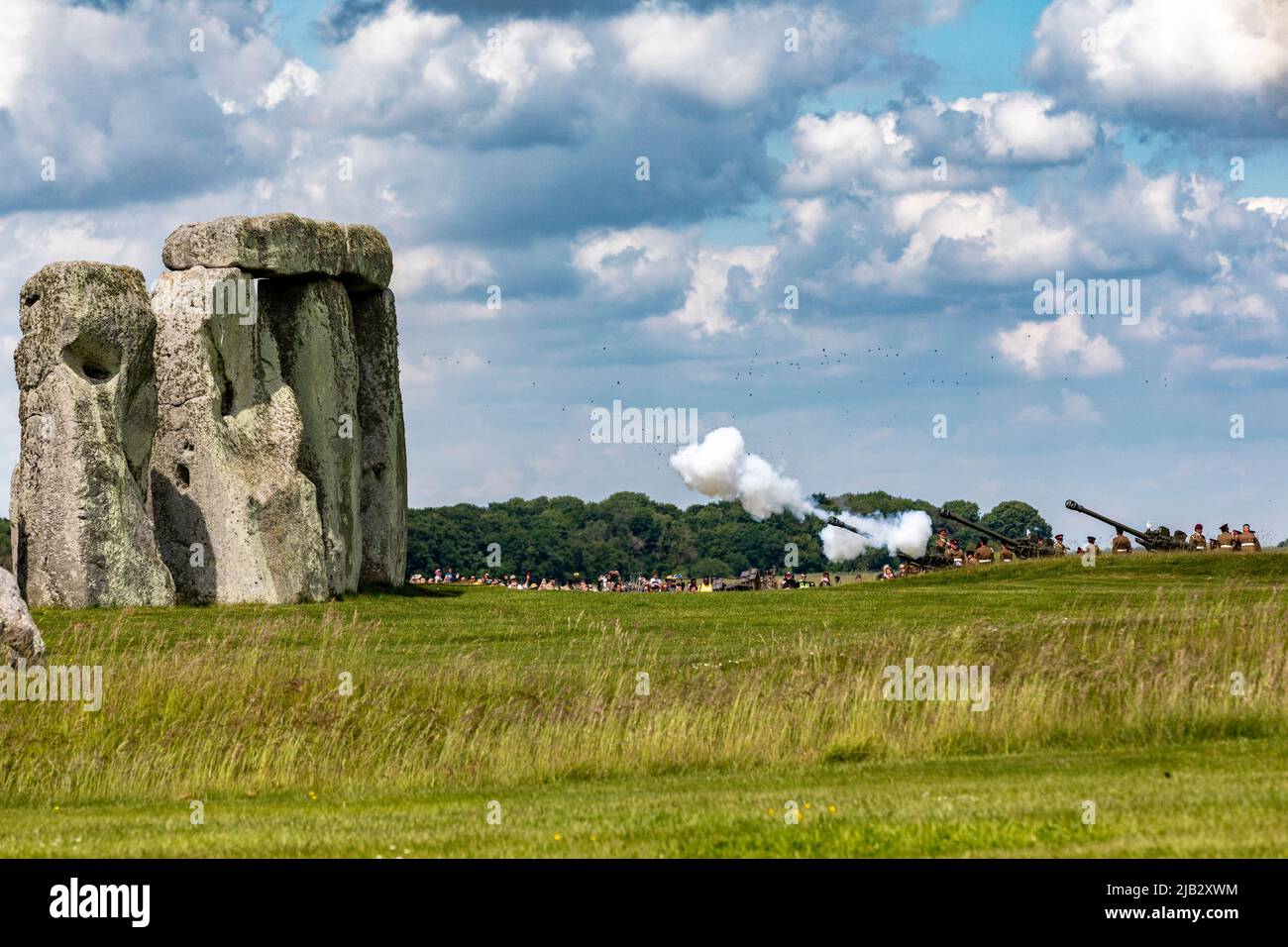 A Royal Salute being fired at Stonehenge on 02 June 2022 as part of the Platinum Jubilee celebrations for HM The Queen. Stock Photo