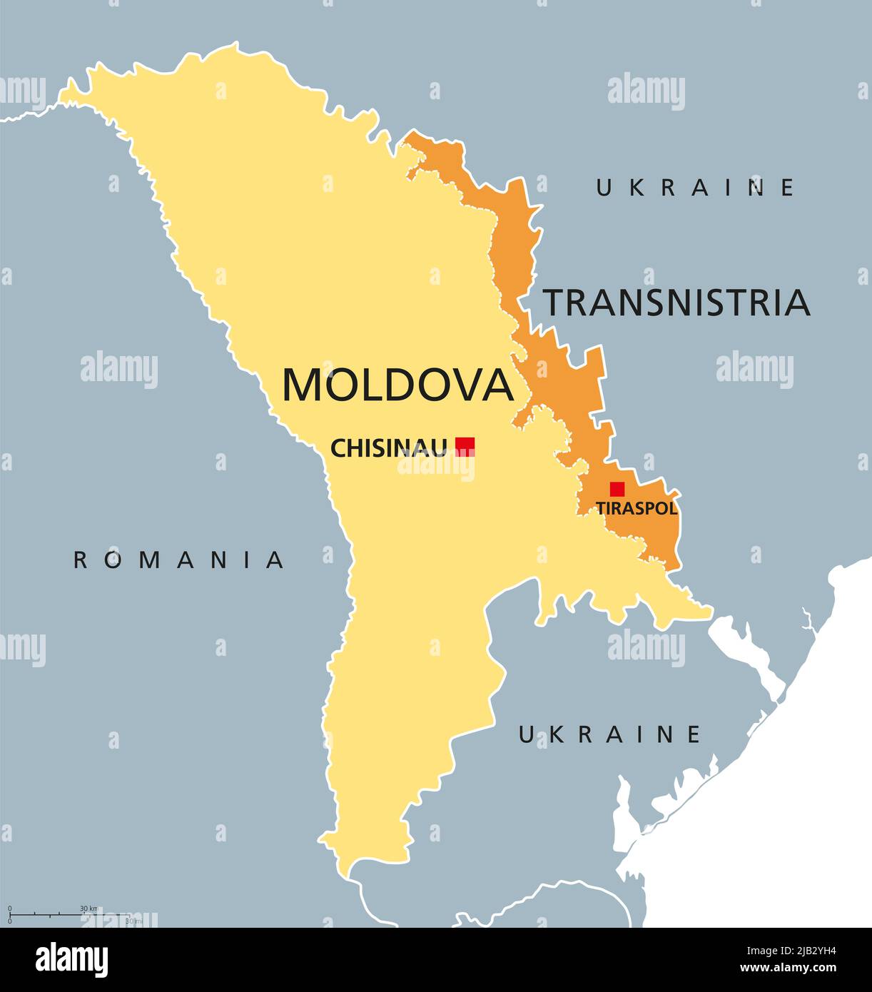 Moldova and Transnistria, political map. Republic of Moldova, with capital Chisinau, and the disputed Pridnestrovian Moldavian Republic, PMR. Stock Photo