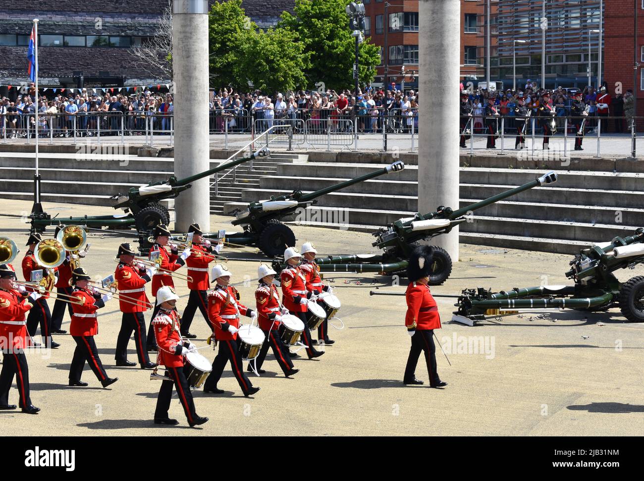 The Regimental Band of the Royal Welsh performing for the Queen's platinum jubilee, Roald Dahl Plass, Cardiff Bay, Wales Stock Photo