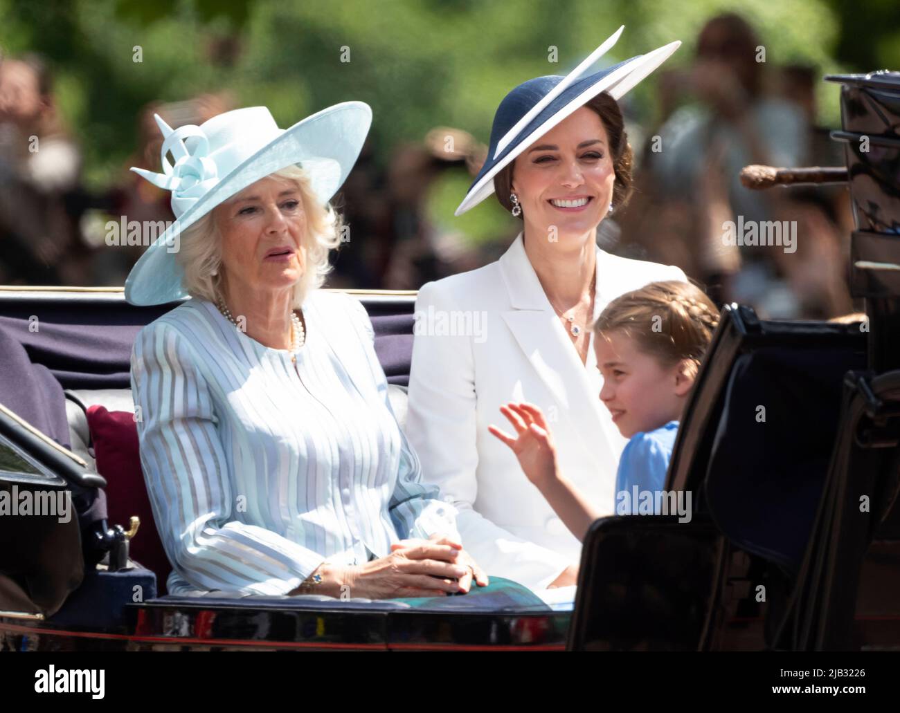 June 2nd, 2022. London, UK. The Duchess of Cambridge, Princess Charlotte and The Duchess of Cornwall riding in a carriage during Trooping the Colour, part of the Platinum Jubilee celebrations. Credit: Doug Peters/EMPICS/Alamy Live News Stock Photo