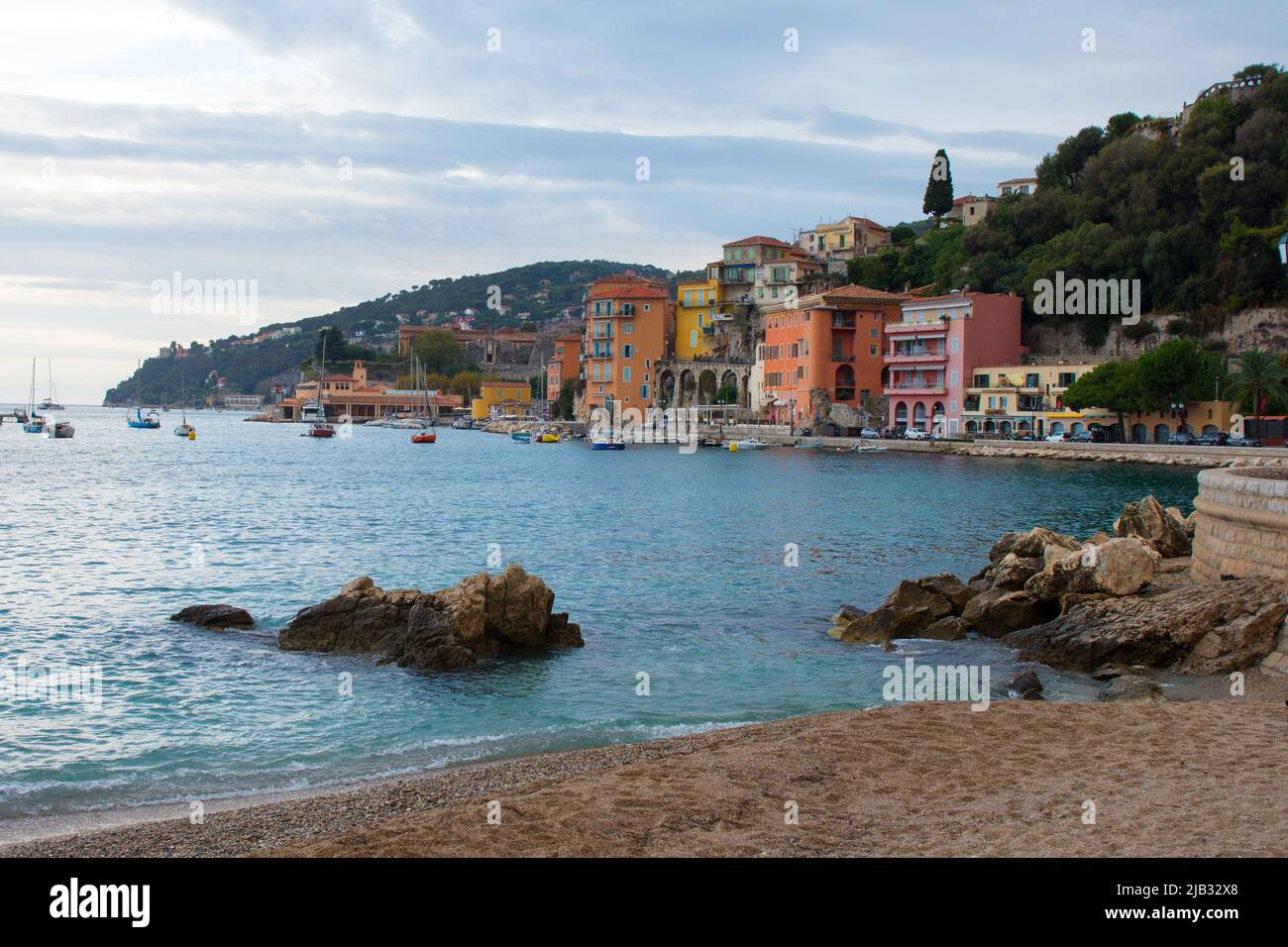 Evening on the Cote d'Azur, France. Mediterranean city and commune in the southeast of France in the Provence region of Villefranche-sur-Mer. Stock Photo