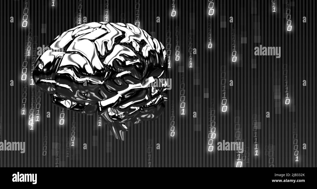 Image of binary coding data processing with spinning human brain over black background Stock Photo