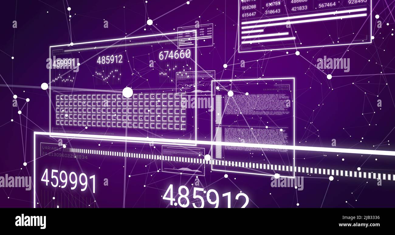 Image of numbers changing and data processing on computer screens over ...
