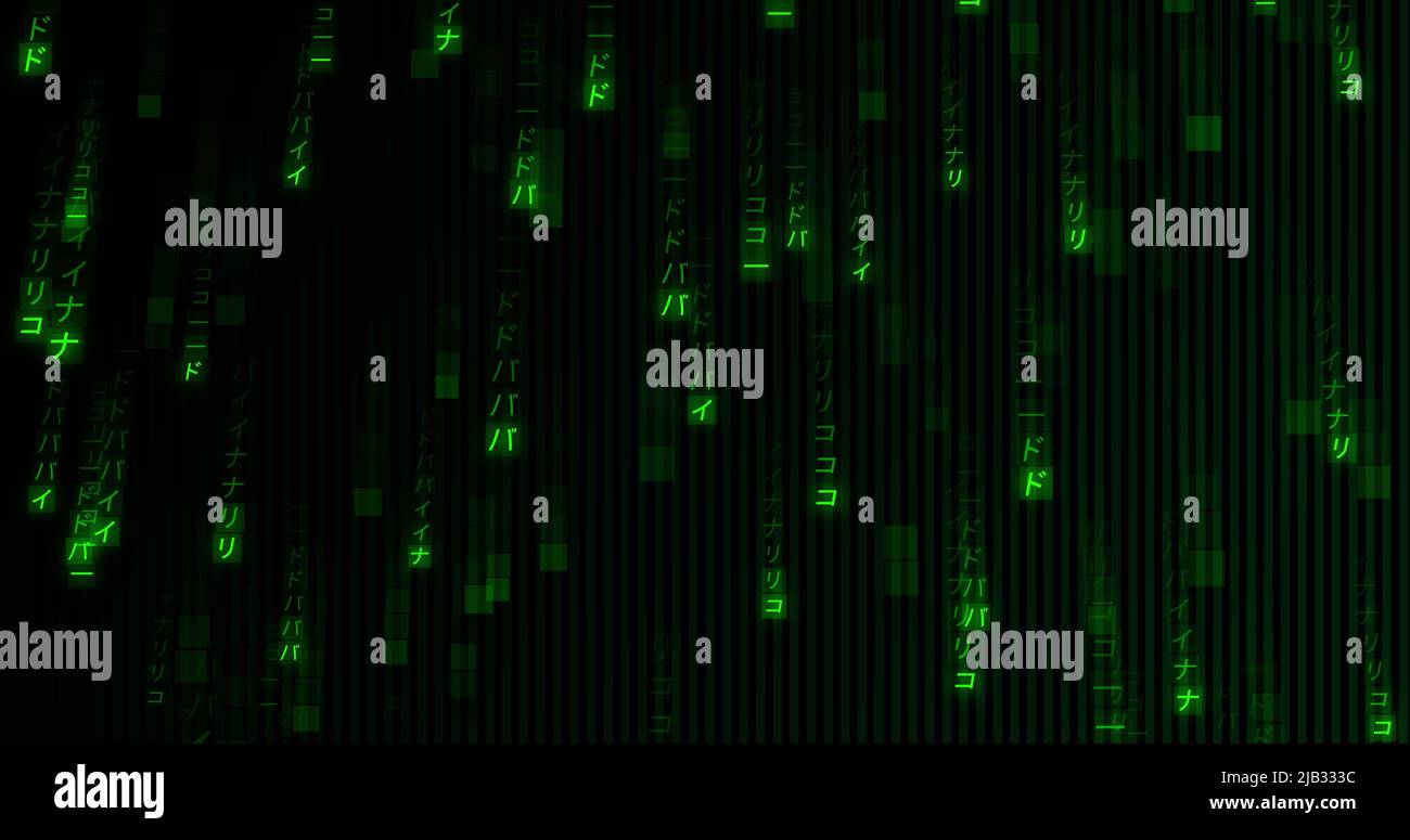 Image of green binary coding data processing over black background Stock Photo