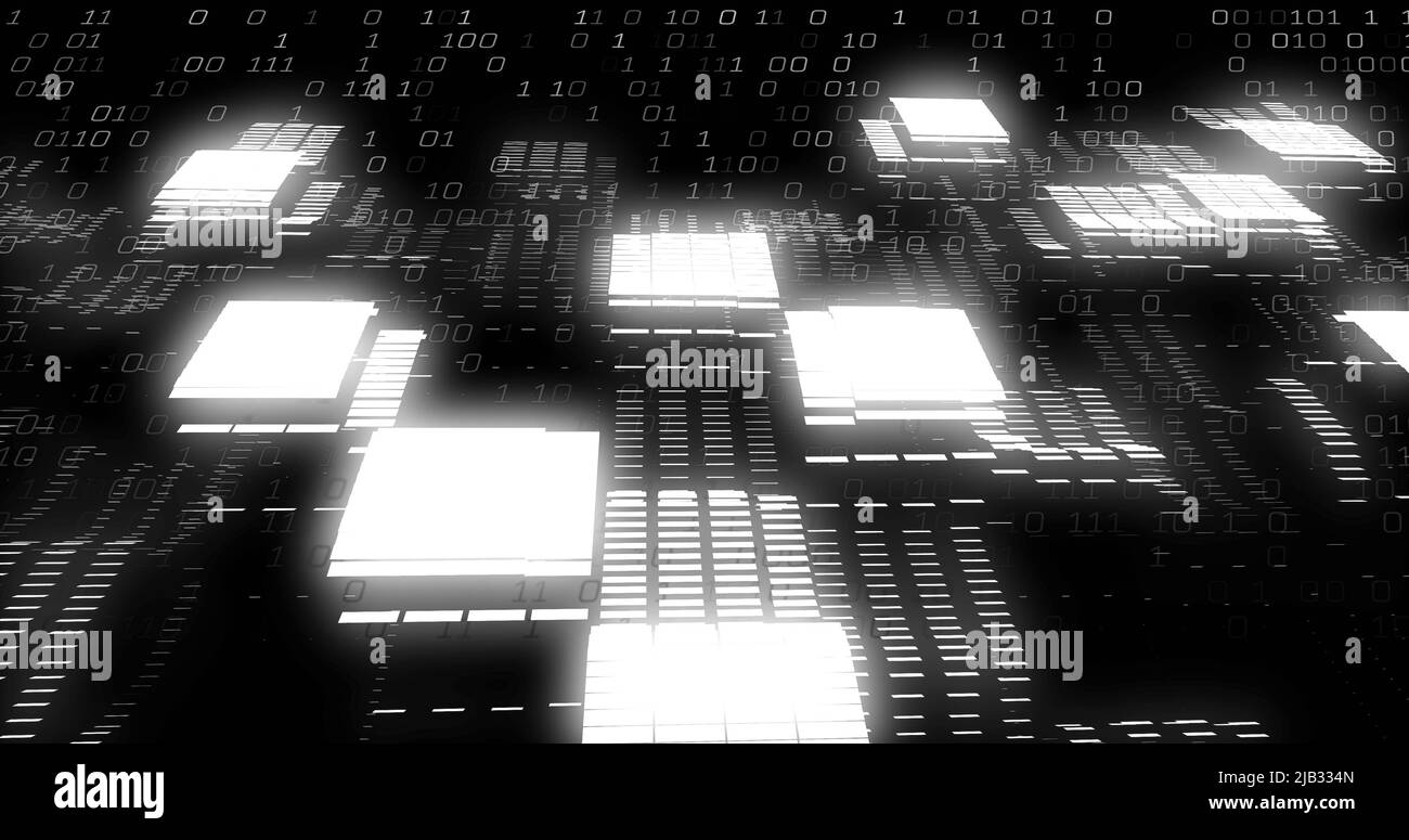Image of binary coding data processing over screens on black background Stock Photo