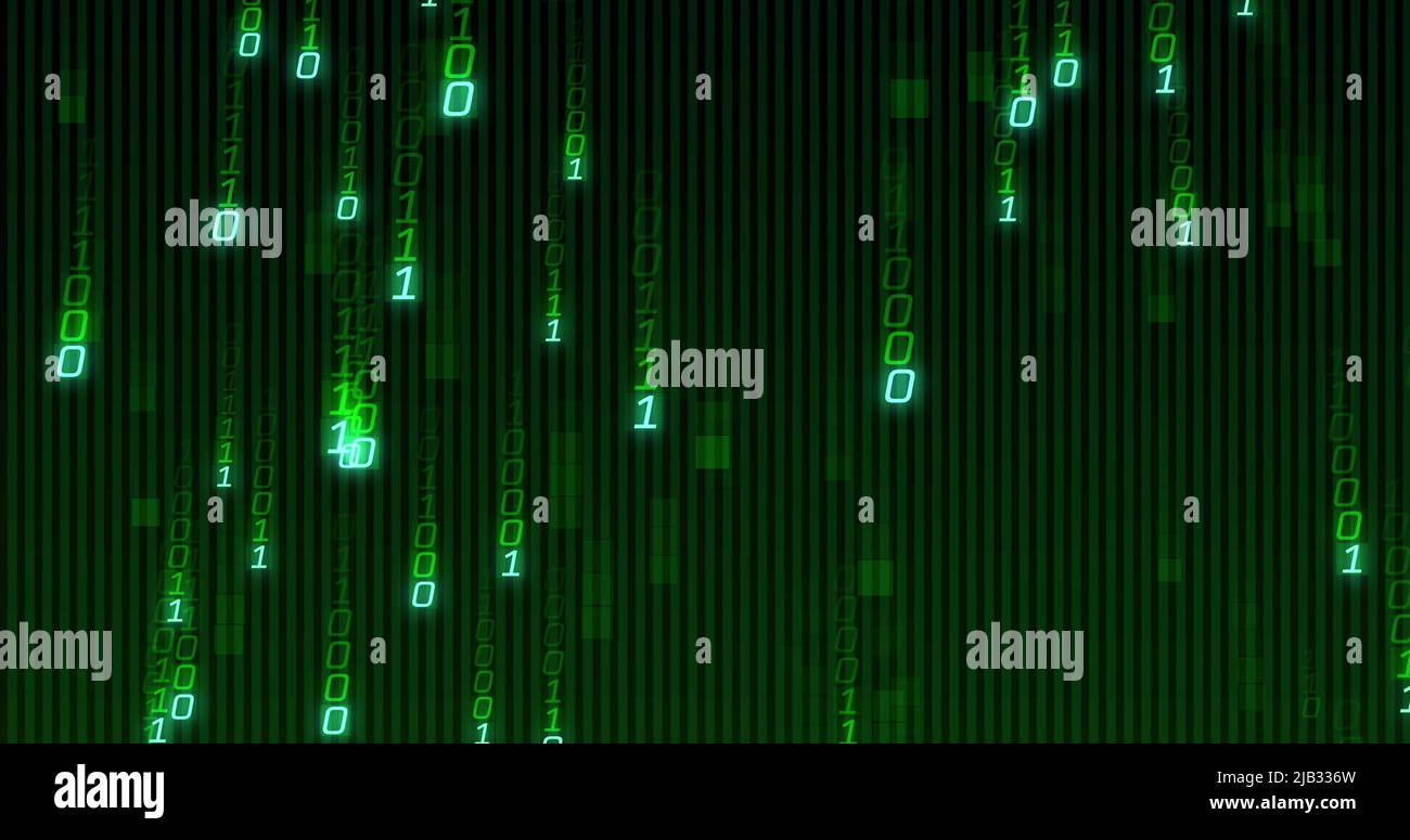 Image of green binary coding data processing over black background Stock Photo