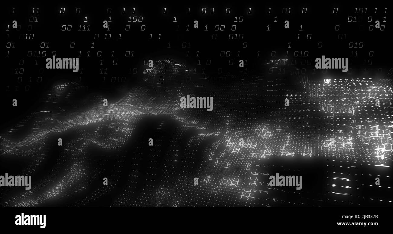 Image of binary coding data processing over waving on black background ...