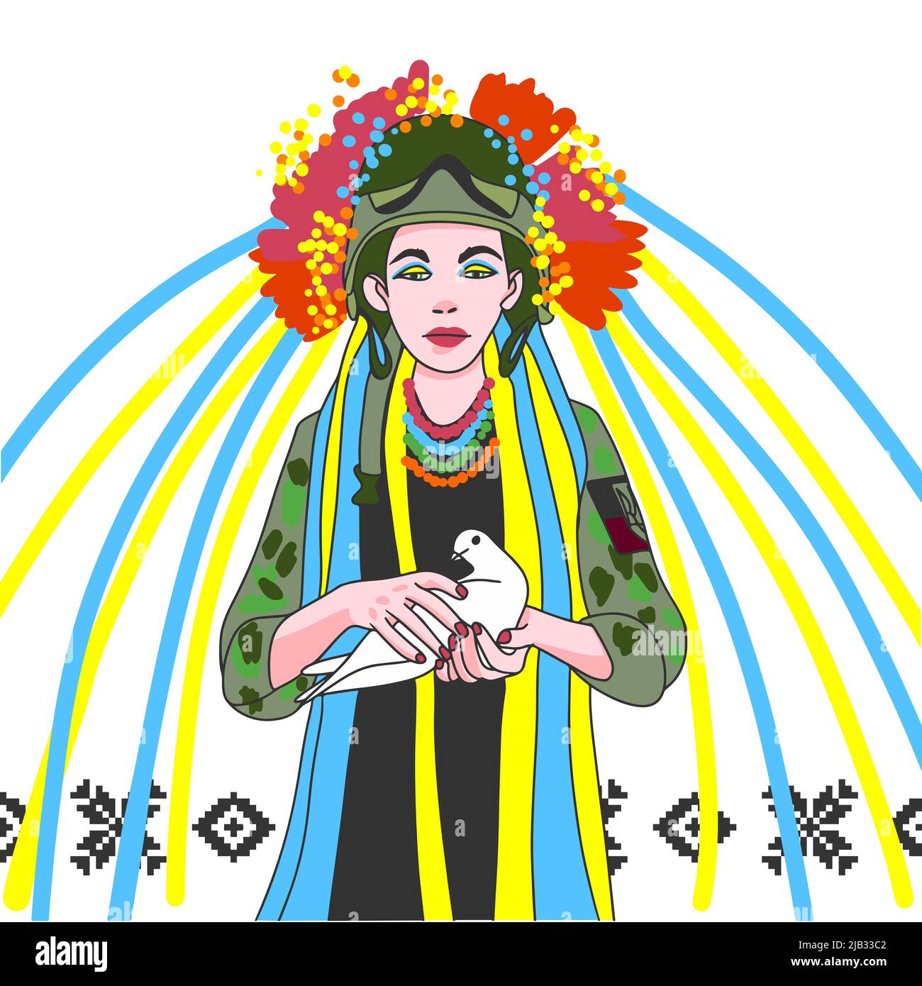 Ukrainian warrior in a wreath on his head, holding a dove in his hands, symbols of the flag of Ukraine. Young girl dressed as an army soldier Stock Vector