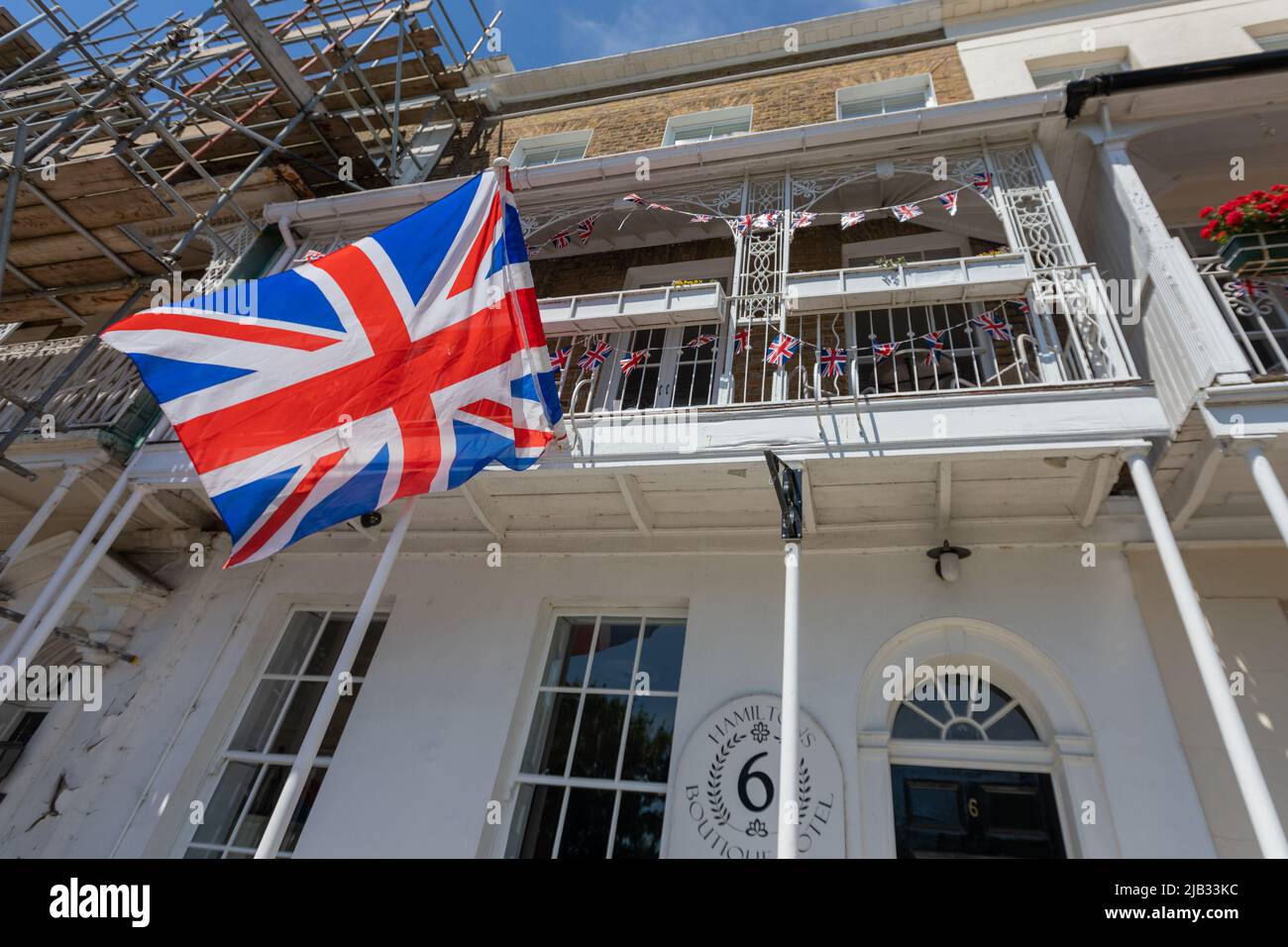 Southend on sea, UK. 2nd June, 2022. A union flag outside Hamilton Towers Boutique Hotel. Scenes around Southend on Sea as people celebrate the Queens Platinum Jubilee and the bank holiday. Penelope Barritt/Alamy Live News Stock Photo