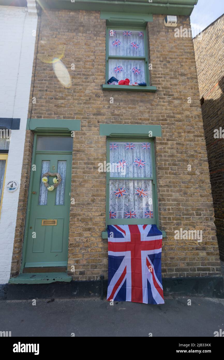 Southend on sea, UK. 2nd June, 2022. Flags outside a house in Old Leigh. Scenes around Southend on Sea as people celebrate the Queens Platinum Jubilee and the bank holiday. Penelope Barritt/Alamy Live News Stock Photo