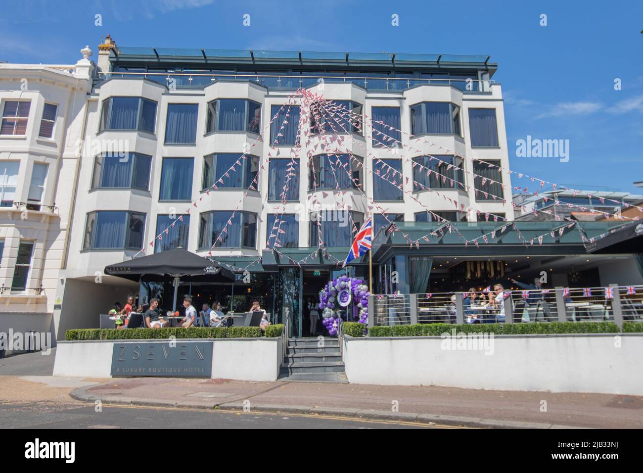 Southend on sea, UK. 2nd June, 2022. 7 Seven Hotel display in Southend. Scenes around Southend on Sea as people celebrate the Queens Platinum Jubilee and the bank holiday. Penelope Barritt/Alamy Live News Stock Photo