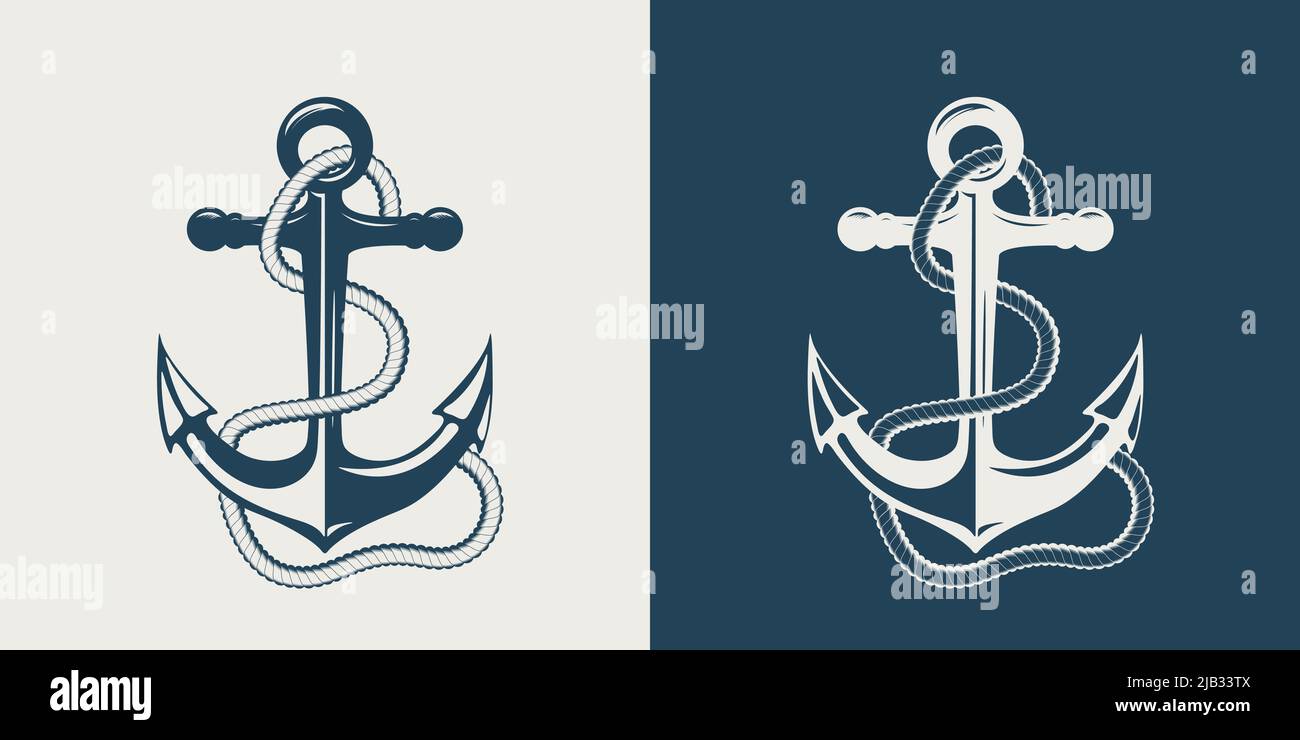 Vector Hand drawn Anchor Icon Set. Design Template for Tattoos, Tshirt, Logo, Labels. Anchor with Rope. Antique Vintage Marine Anchors Stock Vector