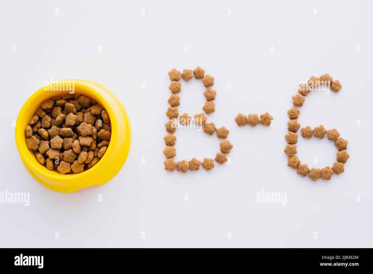 flat lay of word made of dry pet food near bowl isolated on white Stock Photo