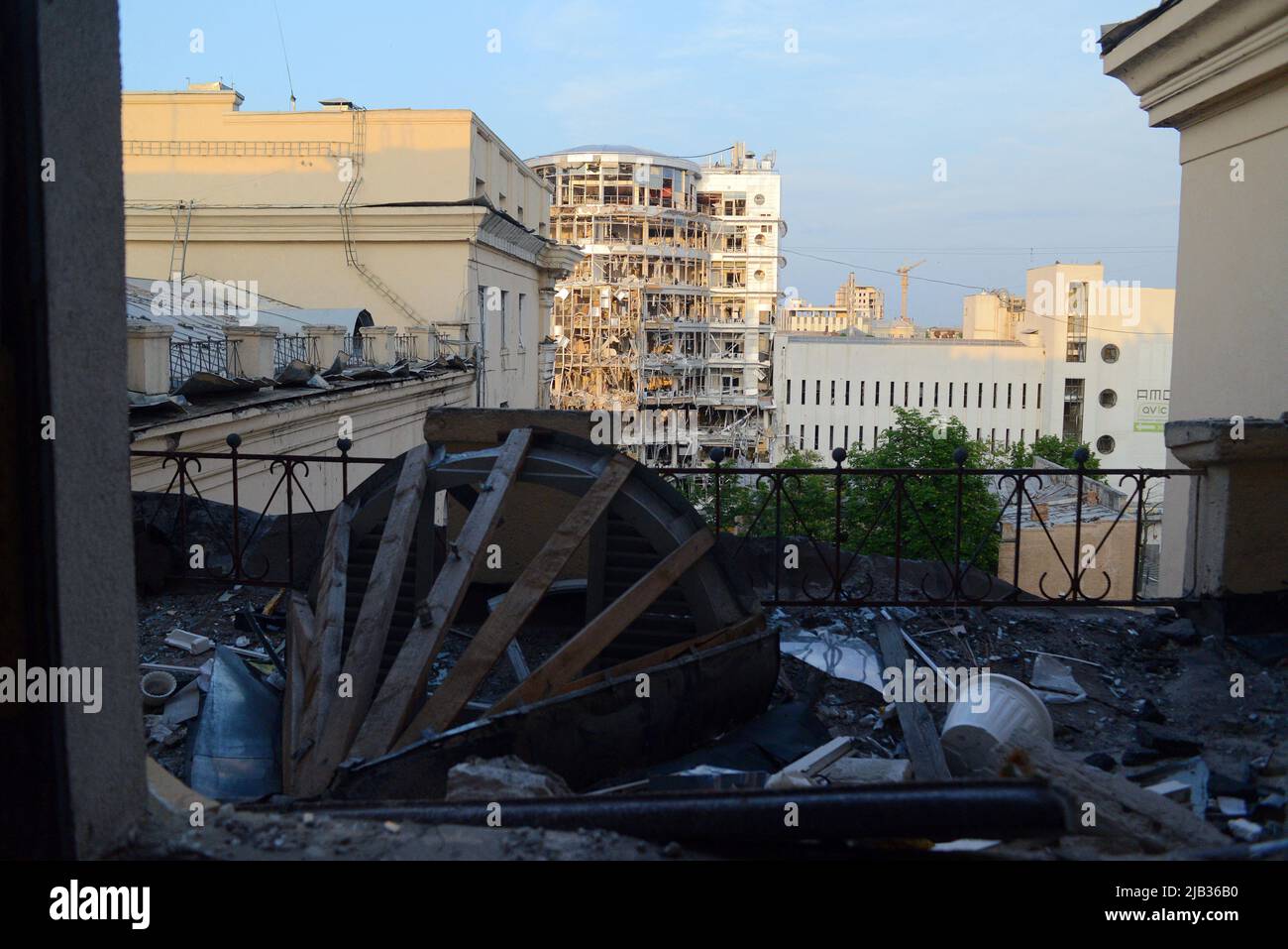 The view of the war-torn city opens from the Kharkiv Regional State Administration building destroyed by Russian shelling, Kharkiv, northeastern Ukraine. As reported, 29 people died after a Russian missile hit Svobody (Freedom) Square close to the regional administration building on March 1, 2022. June 1, 2022. Photo by Evgen Kotenko/PA Photos/ABACAPRESS.COM Stock Photo