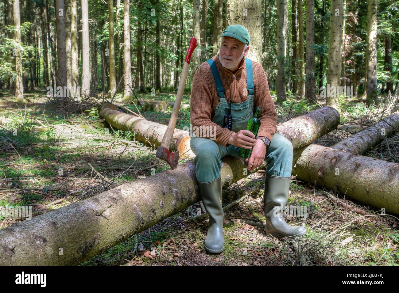 A lumberjack sits contentedly on a log in the forest next to his ax and takes a break from work.He enjoys the silence and tranquility in the forest. Stock Photo