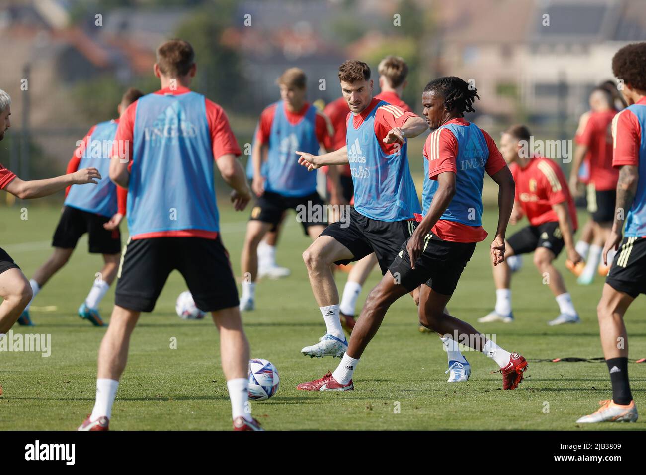 Belgium's Thomas Meunier and Belgium's Dedryck Boyata fight for the ball during a training session of the Belgian national team, the Red Devils, Thursday 02 June 2022 in Tubize, during the preparations for the upcoming UEFA Nations League match against The Netherlands. BELGA PHOTO BRUNO FAHY Stock Photo