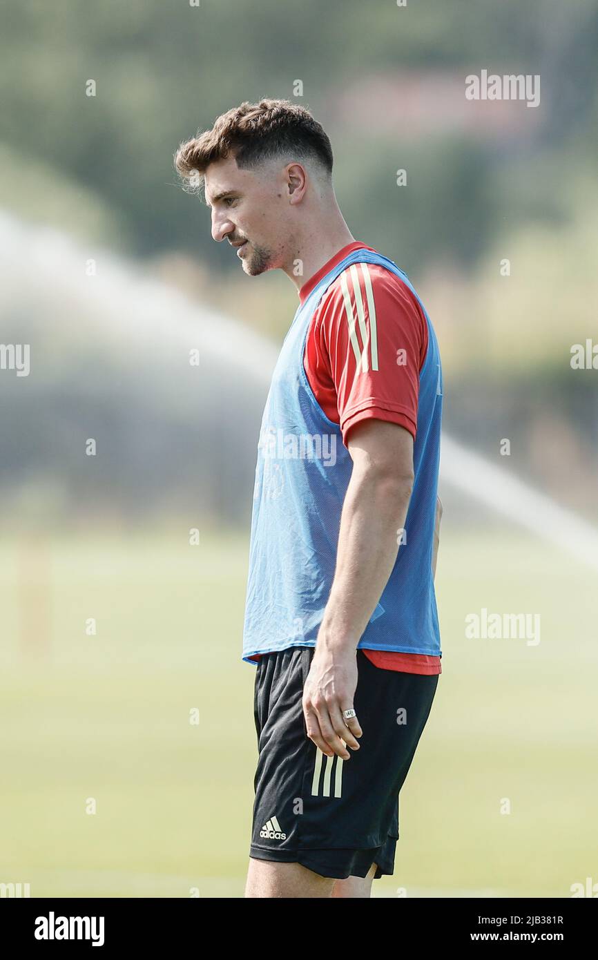 Belgium's Thomas Meunier pictured during a training session of the Belgian national team, the Red Devils, Thursday 02 June 2022 in Tubize, during the preparations for the upcoming UEFA Nations League match against The Netherlands. BELGA PHOTO BRUNO FAHY Stock Photo