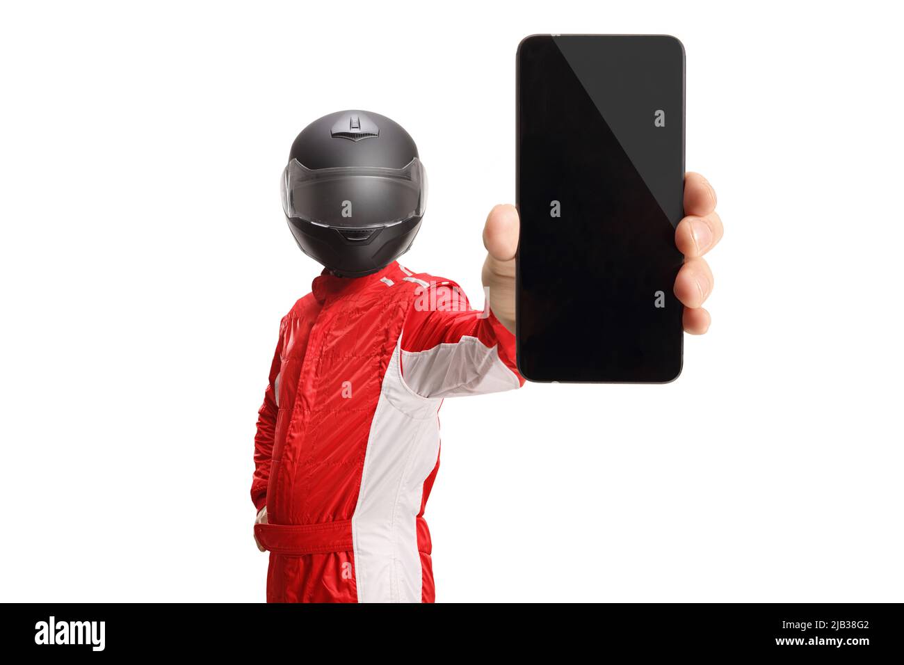 Racer with a helmet holding a smartphone isolated on white background Stock Photo