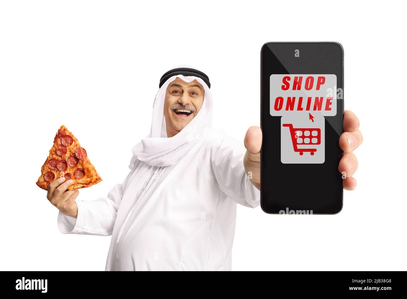 Mature arab man holding pepperoni pizza slice and showing a smartphone for online order isolated on white background Stock Photo