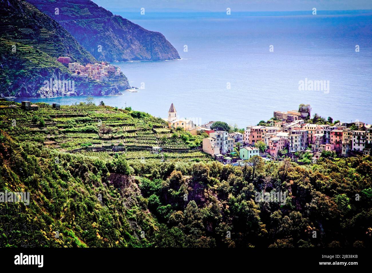The seaside town of Corniglia is a part of the Cinque Terre in Liguria, Italy. Stock Photo