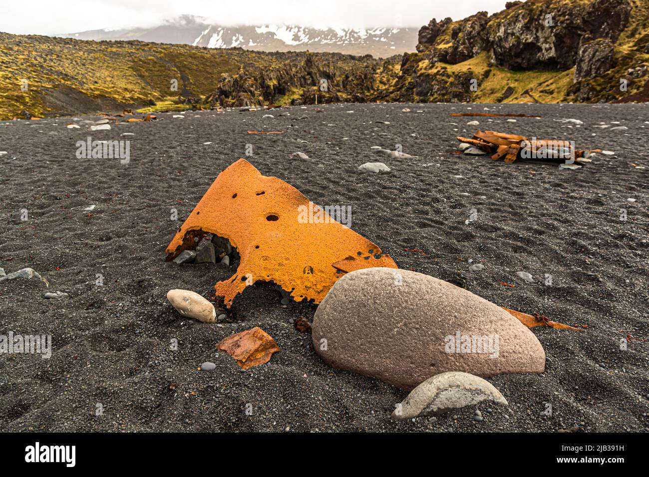 The iron remains on the beach are from the British trawler Epine GY 7, which was wrecked east of Dritvík (Iceland) on the night of 13th March 1948 Stock Photo