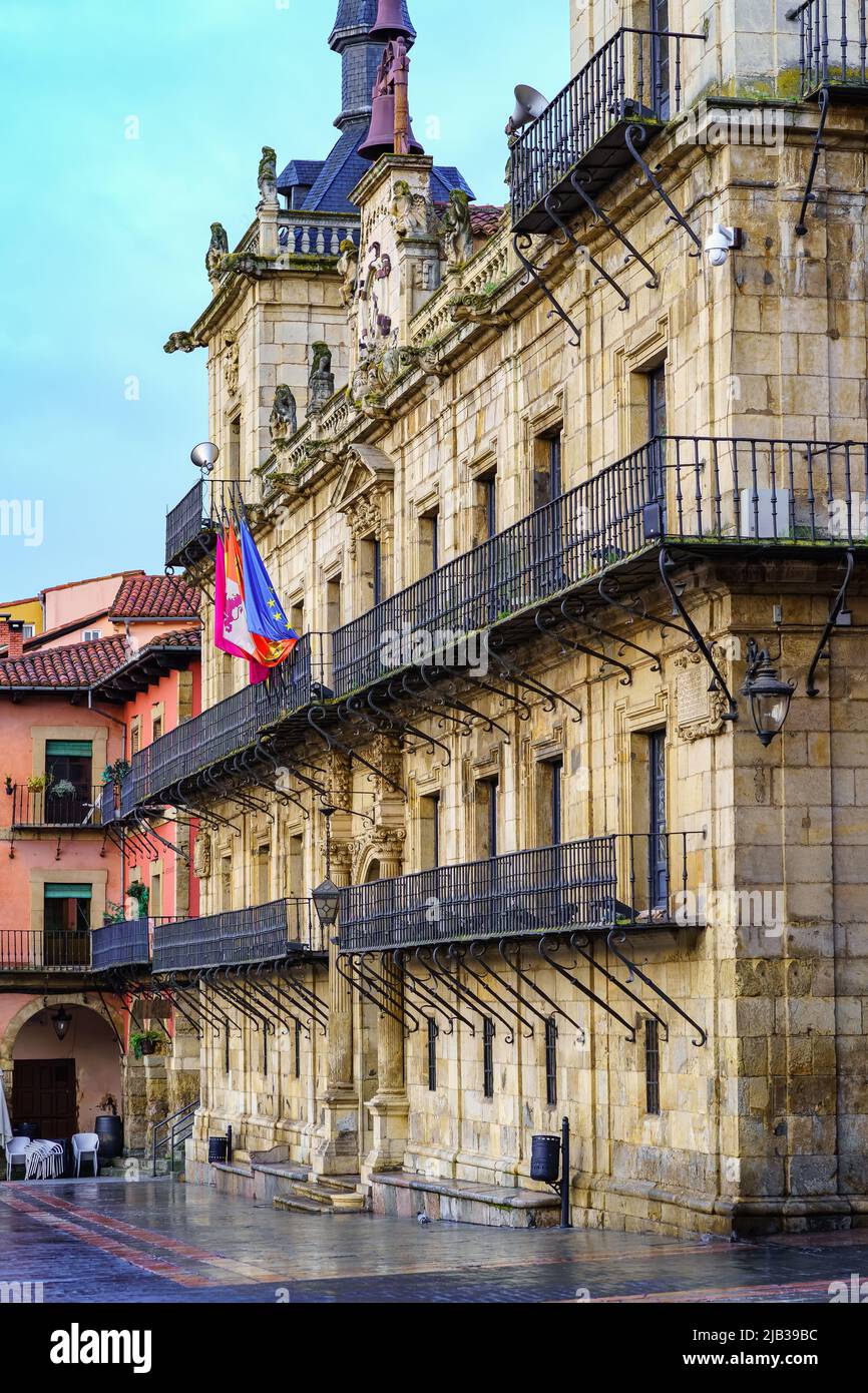 Leon Town Hall, old Gothic building with multiple windows and balconies with bars. Stock Photo