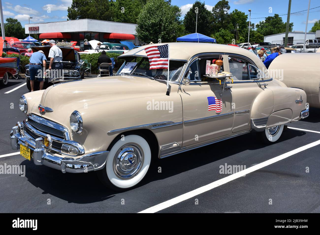 A 1951 Chevrolet Deluxe on display at a car show. Stock Photo