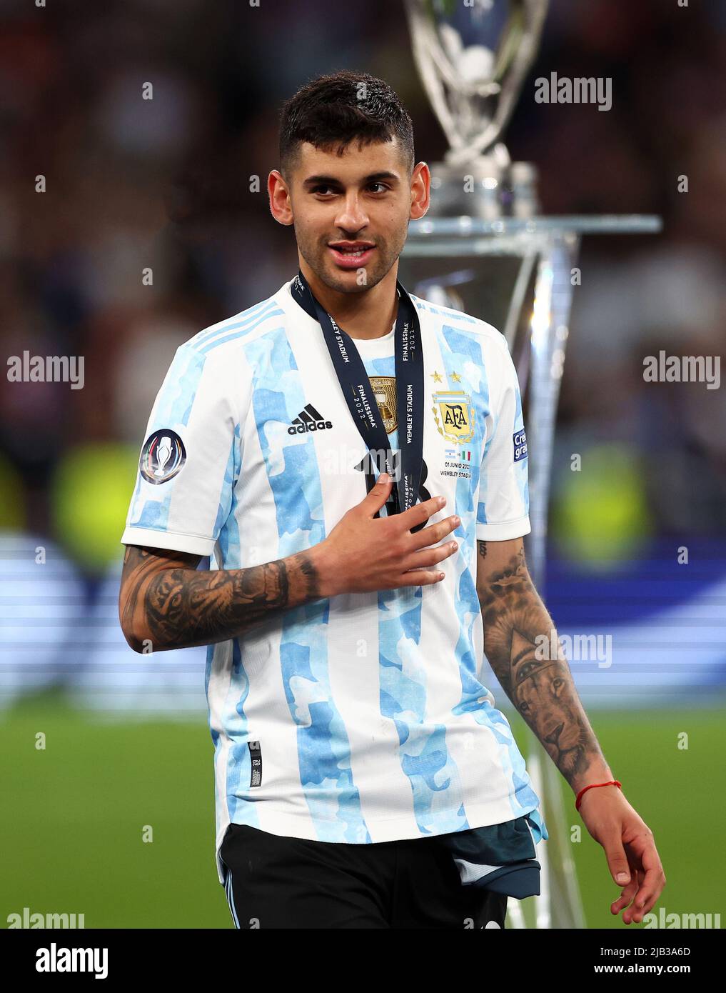London, England, 1st June 2022.  Cristian Romero of Argentina during the CONMEBOL-UEFA Cup of Champions match at Wembley Stadium, London. Picture credit should read: David Klein / Sportimage Credit: Sportimage/Alamy Live News Stock Photo