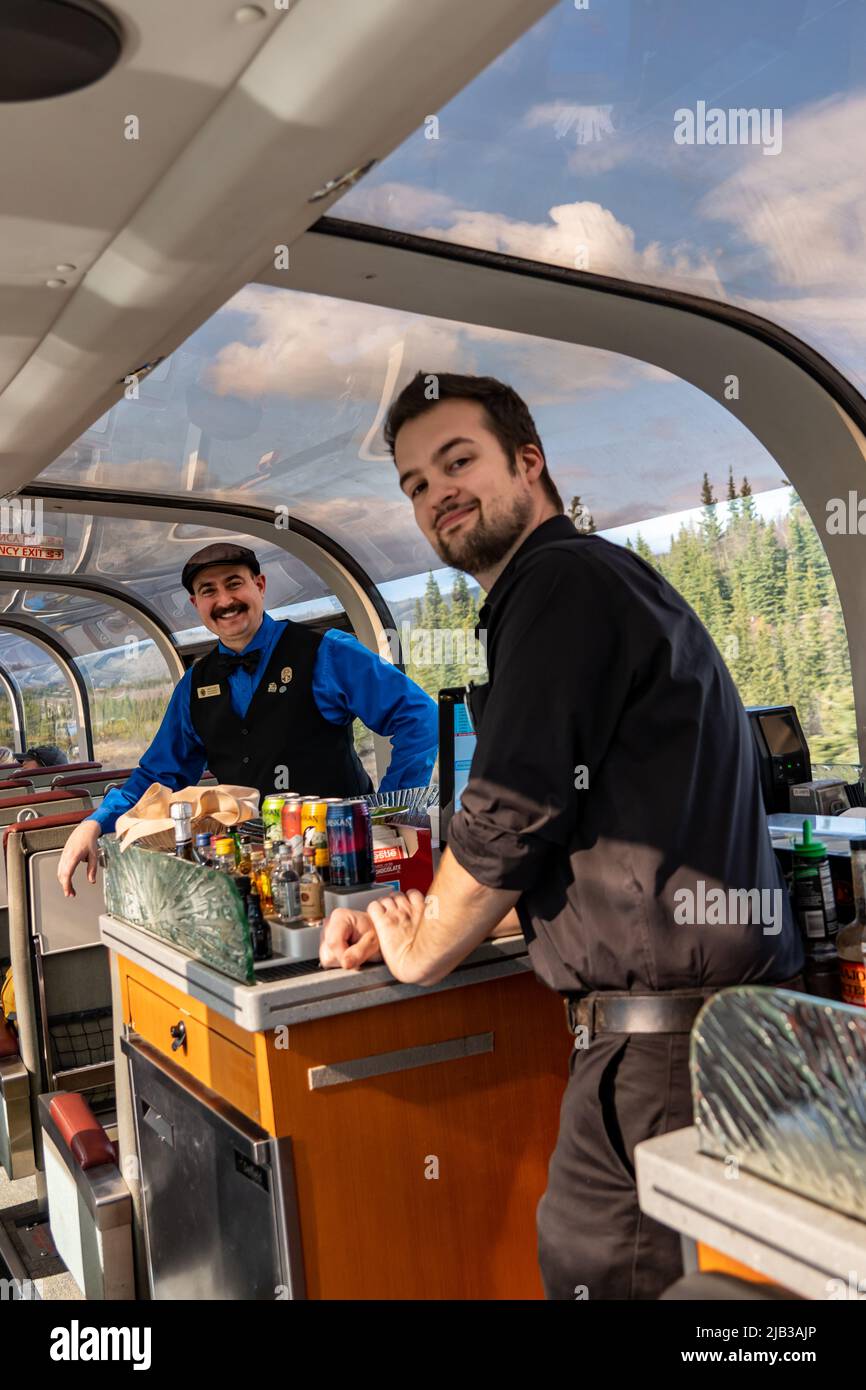 Inside the Dome Car on the Alaskan Railroad train from Denali to Fairbanks, Alaska Stock Photo