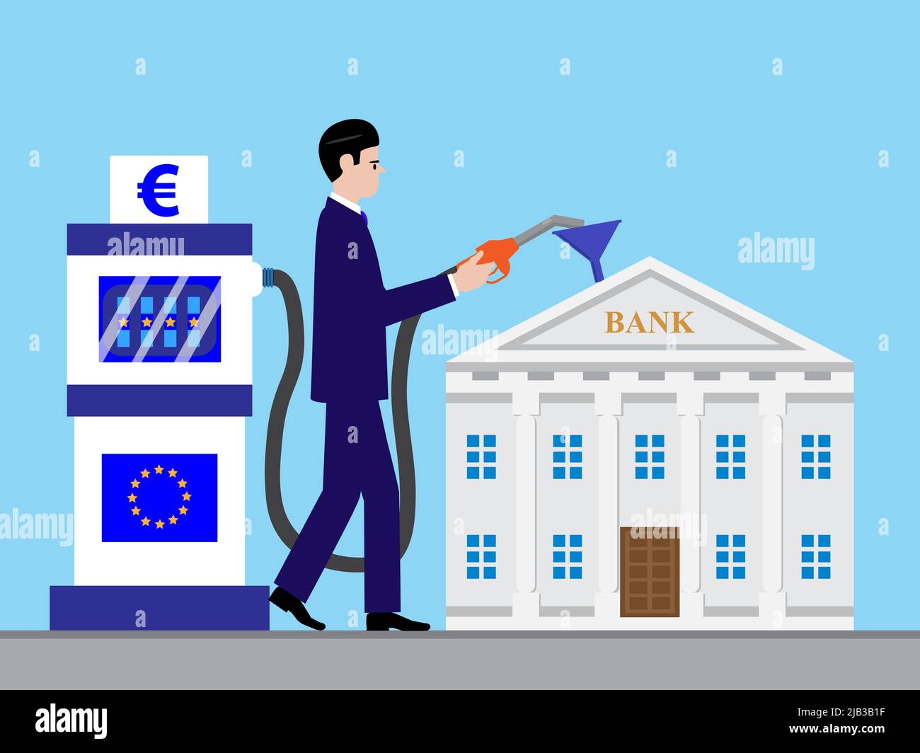 A business man topping up a Bank using a petrol pump with a Euro flag and symbol. Stock Photo