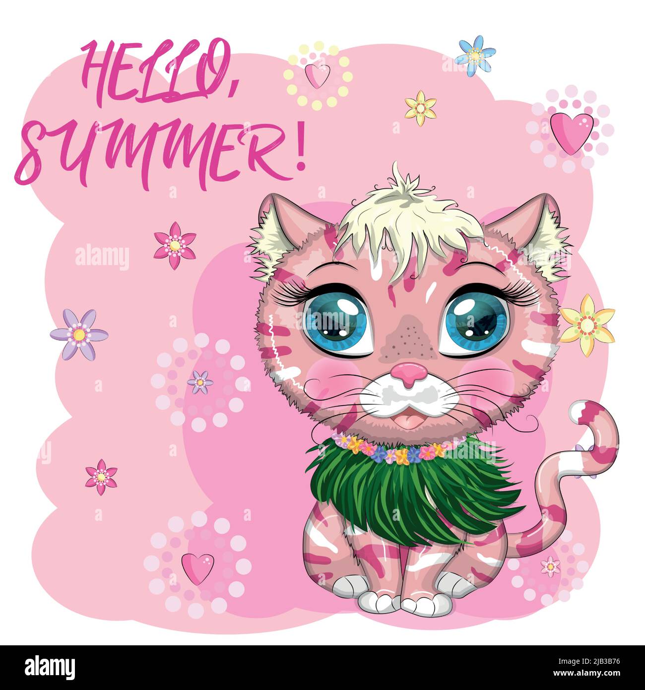 Cartoon cat dressed as a hula dancer under the ukulele, Hawaii. Summer