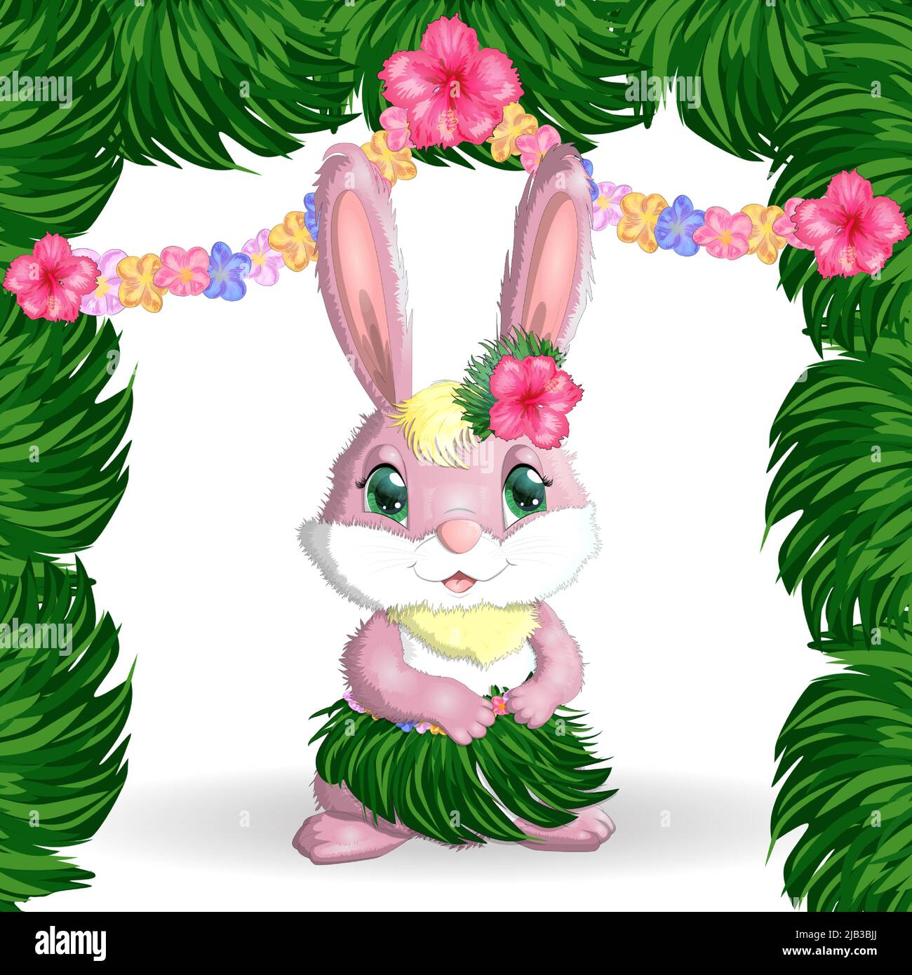 Cute rabbit, hare in Hawaiian clothes dancing hula. Wreath and garland of flowers, beach