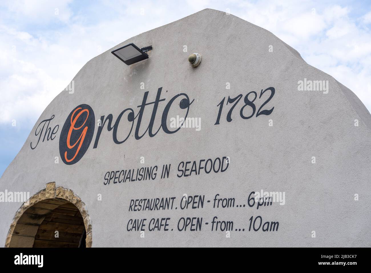 Entrance to Marsden Grotto, South Tyneside, UK beach side bar and restaurant. Stock Photo