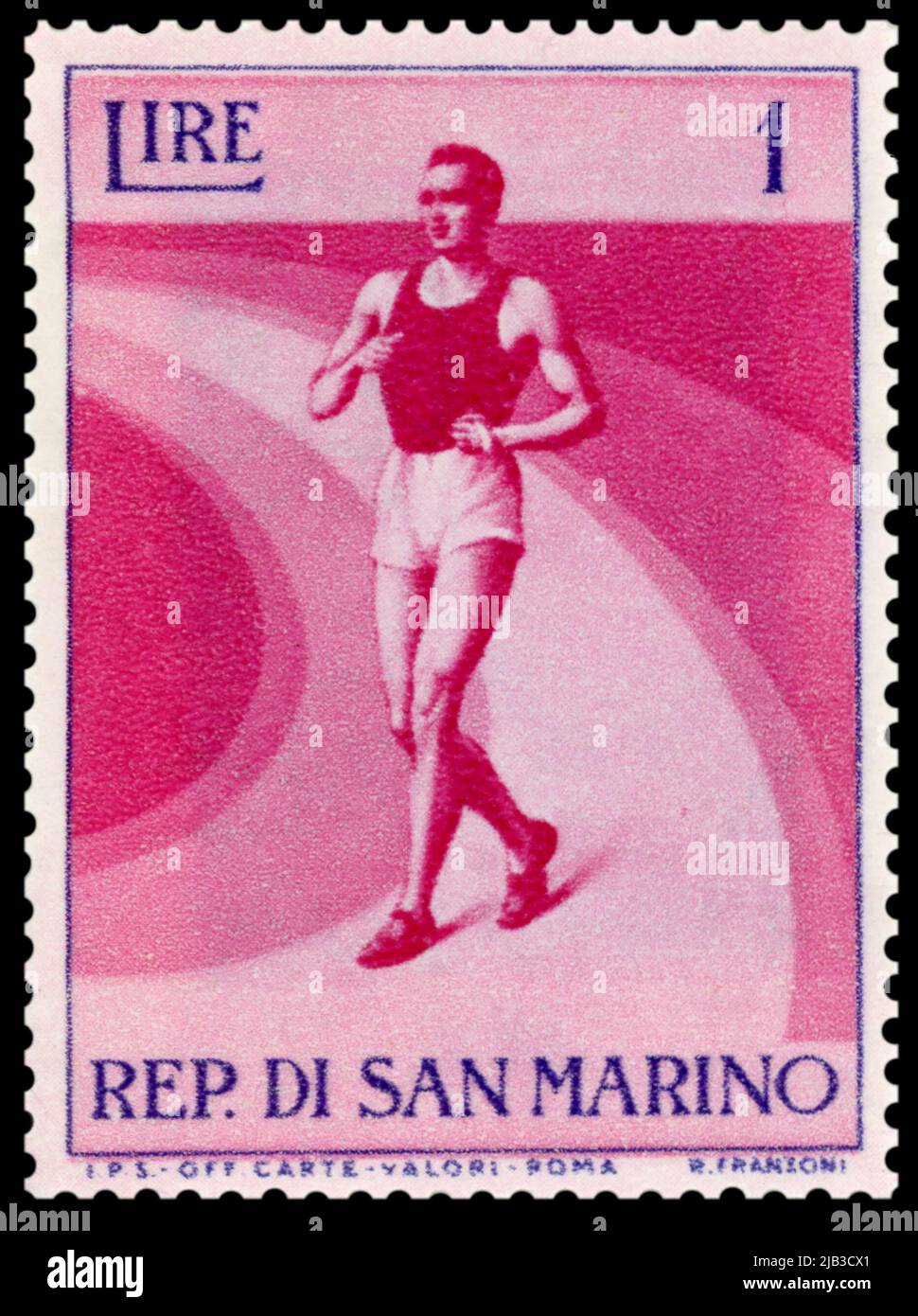 Racewalking featured on a 1954 San Marino postage stamp. Stock Photo