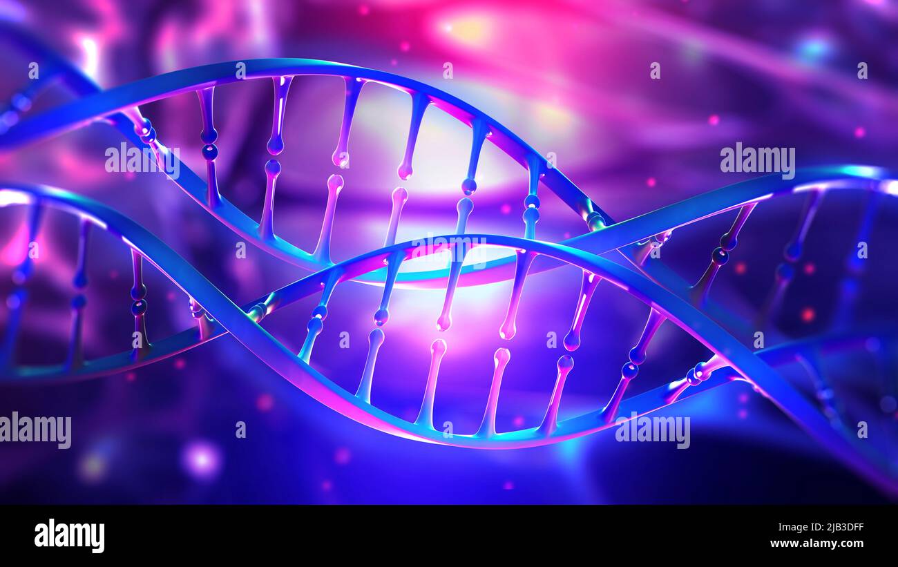 DNA helix. Scientific research. Genome decoding and medical innovation. 3d illustration of a DNA molecule under a microscope Stock Photo