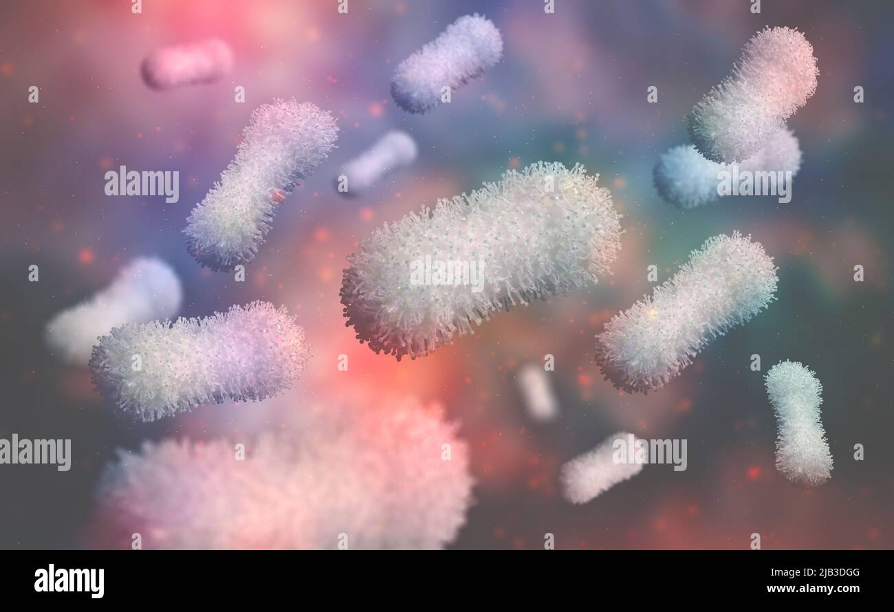Colony of microorganisms under microscope. Viruses, bacteria and microbes. Abstract backdrop. 3d illustration on the topic of microbiology research Stock Photo