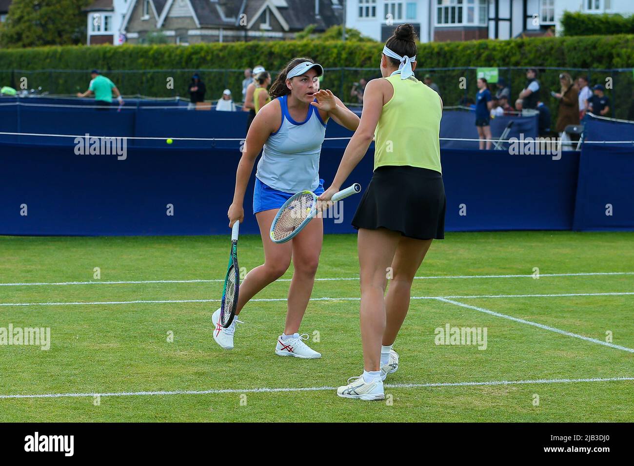 London, UK. 2nd June 2022. 2nd June 2022; Surbiton Racket &amp; Fitness  Club, Surbiton, London, England: Surbiton Trophy Tennis tournament: Ingrid  Neel (USA) and Rosalie Van der Hoek (NED) acknowledges each other