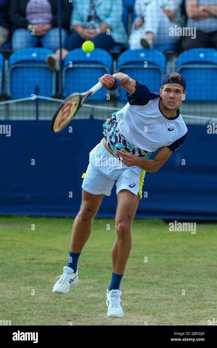 London, UK. 2nd June 2022. 2nd June 2022; Surbiton Racket & Fitness  Club, Surbiton, London, England: Surbiton Trophy Tennis tournament: Ingrid  Gamarra Martins (BRA) / Emily Webley-Smith (GBR) plays a backhand volley